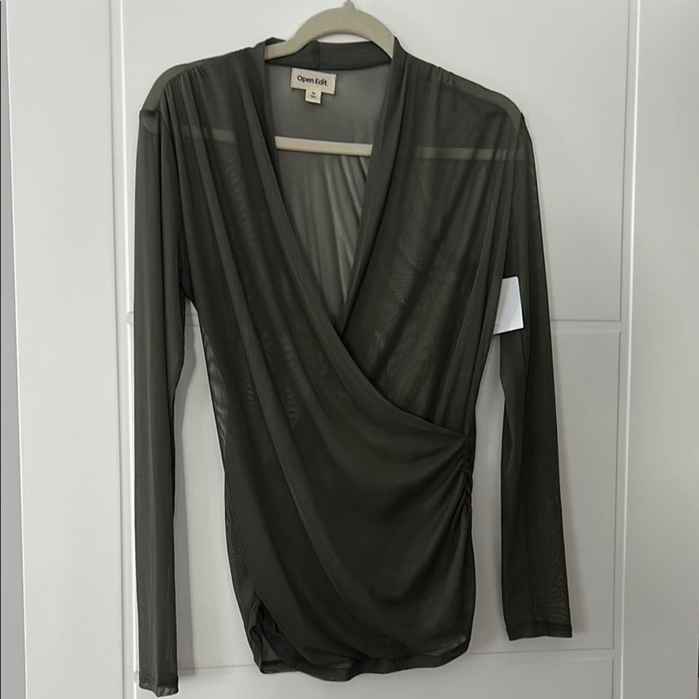 Open Edit Women's Olive Mesh Top